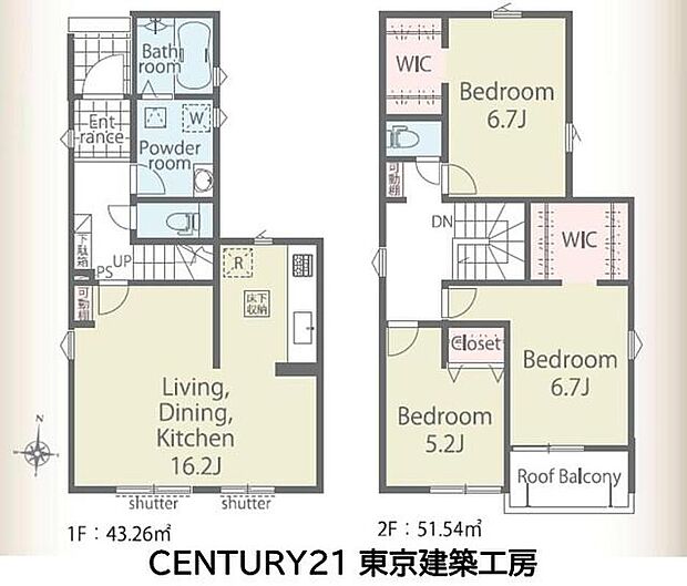 【3LDK】16帖LDKを中心に水回りをまとめた家事動線良好な間取り。ウォークインクローゼットも備え収納力にも配慮されています。