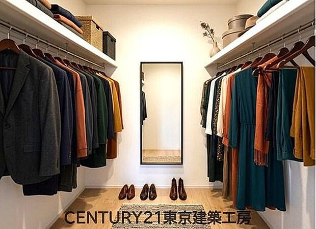【同形状・同仕様写真(収納)】【家具はCGにてレイアウト】
お部屋のように中を歩いて入れる広さのクローゼット付き。衣類だけでなく、鞄などの小物からスーツケースやレジャー用品などの大きな物までたっぷり収納出来ます。