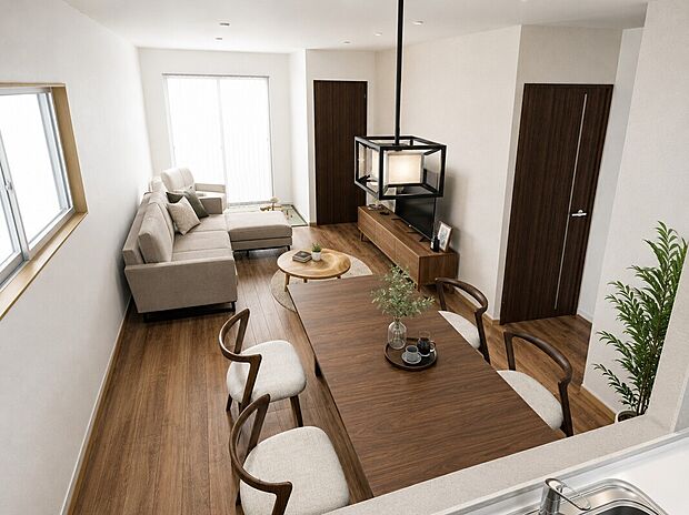 【イメージパース：リビング】
長く住み続けるお家だからこそ、構造や間取りから内装、設備に至るまで徹底的にこだわりたい！そんな方にぴったりの自由設計です※イメージパースの為実際の仕上がりとは異なります
