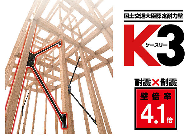 【【地震の揺れに効果的な”耐震×制震”ダンパーK3】】厳しい条件をクリアした国土交通大臣認定の高性能ダンパーを採用しています。”耐震×制震”ダンパーを導入することで揺れを効果的に吸収・軽減し、建物の損傷を抑えるため、住まいの安全性と資産価値を長期的に守ることができます。
実験では、両面筋交いと比較し、揺れ幅を最大81％低減。また、ダンパー内蔵のフェノール樹脂は、169年相当の耐久性があるため、メンテナンスフリーで性能を発揮し続けます。