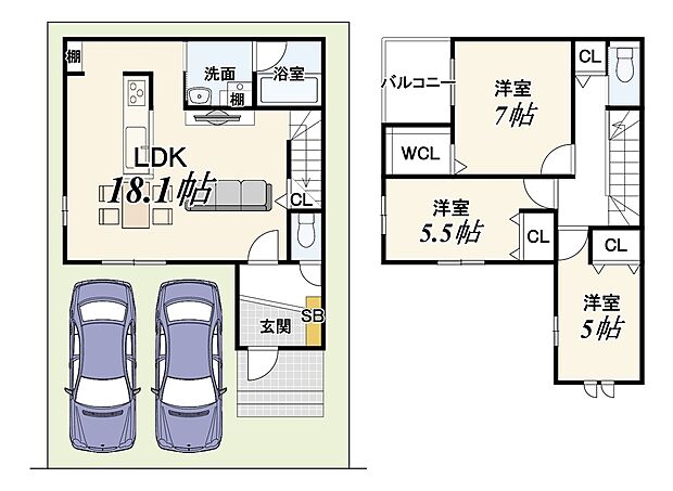 【【新築参考プランA】】建物価格:2010万円
建物面積:87.08m2