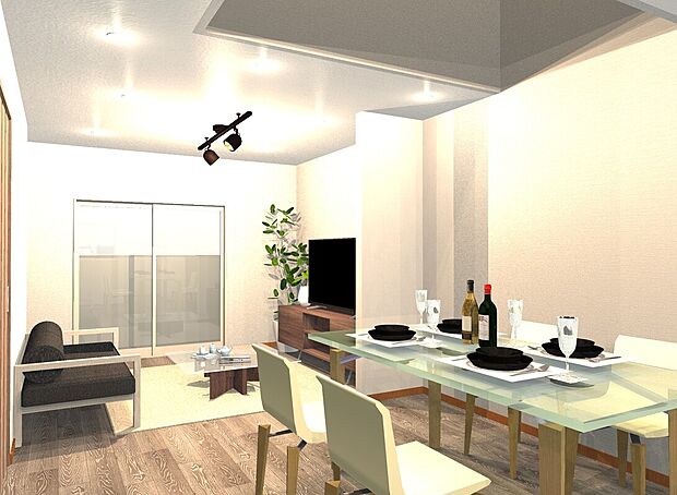 【イメージパース】
リビング18.3帖。外からの視線が気になりにくい2階リビングです。