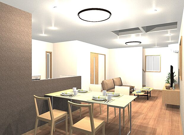 ■ご家族みんなが自然と集まり、くつろげるゆったりとしたリビング。開放感のある空間設計で日常のひとときを心地よく過ごすことができます。（イメージパース）