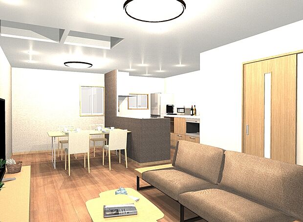 【【イメージパース（ＬＤＫ）】】■19帖超の広々リビングは、家族が自然と集まる開放的な空間。ゆとりある広さでくつろぎも来客対応も快適にこなせます。家具配置もしやすく、家族それぞれが思い思いに過ごせるゆとりの空間に。