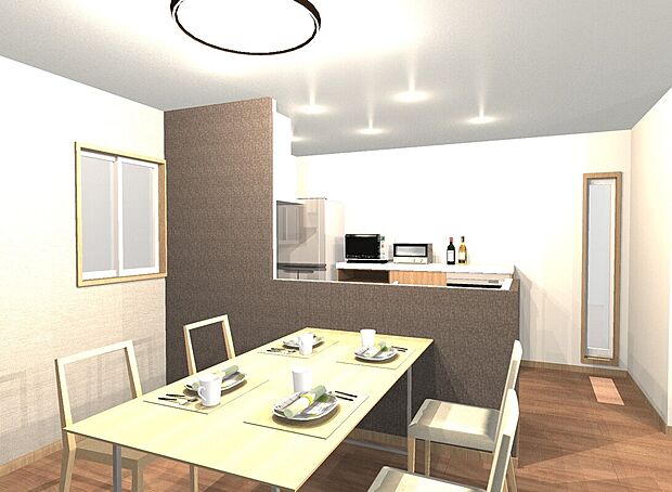 【【イメージパース（ＬＤＫ）】】■対面キッチンとダイニングが繋がる開放的なレイアウト。光や視線が抜ける心地の良い空間で、食事の時間もより豊かなひとときに。