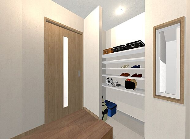 【【イメージパース（玄関）】】■シューズクローク付きの玄関で、靴の出し入れや収納がスムーズ。玄関まわりが散らかりにくく、日々の動線も快適です。