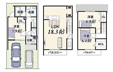 セットバック面積約1.34ｍ2別
私道負担面積約9.58ｍ2別
1階自動車車庫部分7.54ｍ2含む 