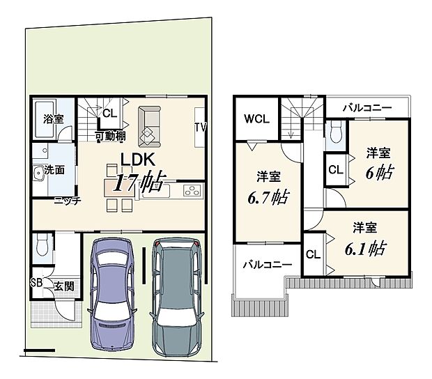 【3LDK】セットバック面積約1.80m2別
1階自動車車庫部分12.37m2含む
法面部14.31m2は有効面積に含む