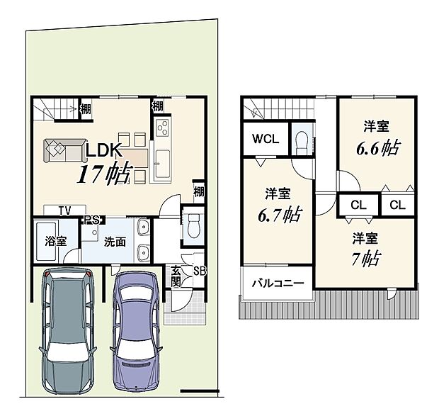 【3LDK】セットバック面積約約0.21m2別
1階自動車車庫部分10.15m2含む
法面部12.86m2は有効面積に含む