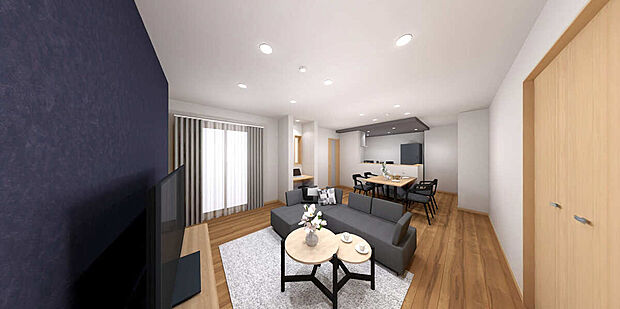 【完成予想パース：リビング】
リビングは広々21帖以上！
大型テレビも置ける広さです！
また、リビング階段もございますので、毎日ご家族と顔を合わせることができてコミュニケーションが取りやすい♪