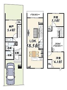 スカイバルコニーが印象的な３階建！
リビングが２階にあるため、外からの視線も気になりにくく、
安心して家族団らんを楽しめます♪ 