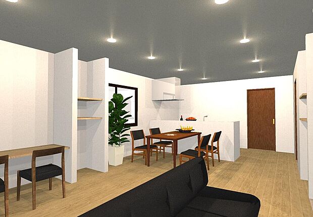 【イメージパース図:リビング】ご家族みんなで長い時間を過ごすリビングは一番居心地のいいものであって欲しいですね。収納も多く快適な住空間を実現します。