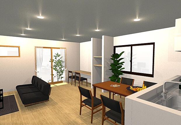 【イメージパース図:リビング】リビングに階段があることにより家族のコミュニケーションが増えます!会話がなくても、顔を見ることで「今日は元気がないな」など、家族のささいな変化に気付くことができます!