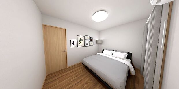 【完成予想パース：洋室】全居室6帖以上の広さ！
また、全居室がバルコニーに面しているため、洗濯物を取り込んですぐに片づけができて家事効率UP♪
固定階段式ロフトもございますので収納に困りません♪