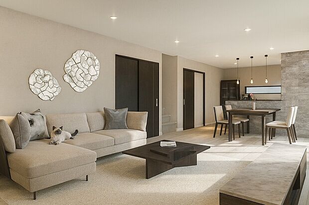 【パース図(1・2号地共通):リビング20帖】家族の笑い声が聞こえてきそうな大空間♪家族揃ってリビングで過ごすお休みの日が、楽しみになる場所となることでしょう。