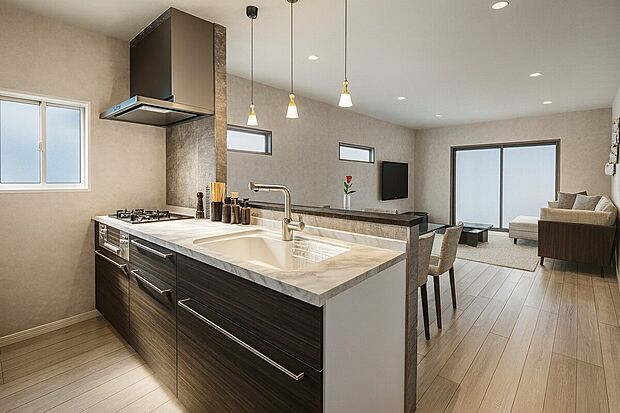 【パース図(1・2号地共通):リビング20帖】
リビングを必ず通るよう階段を配置。家族が顔を合わせる機会が自然と増える、ふれあいを重視した設計です。