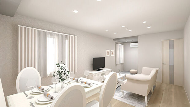 【リビング完成イメージパース】
リビングを必ず通るよう階段を配置。家族が顔を合わせる機会が自然と増える、ふれあいを重視した設計です。