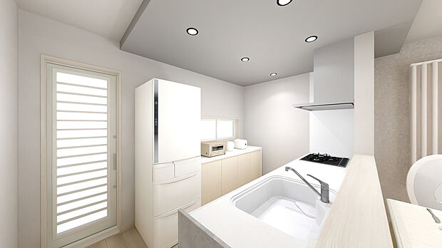 【キッチン完成イメージパース】
折り下げ天井がおしゃれな対面キッチンです。リビングと天井を貼り分けることで「食」と「住」にメリハリのある空間になります。