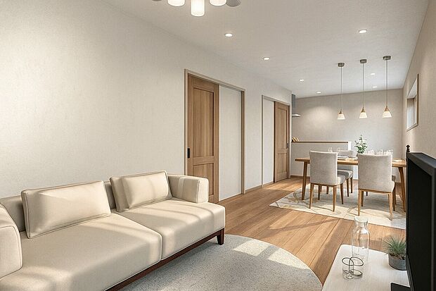 【【イメージパース/LDK14.5帖】】大切なご家族が集まるからこそLDKはこだわりたい!休日はおひさまの光をたっぷりと取りこめるリビングでゆったりと過ごしませんか?子供たちが元気に笑いながら走り回っても十分な広さの空間です。