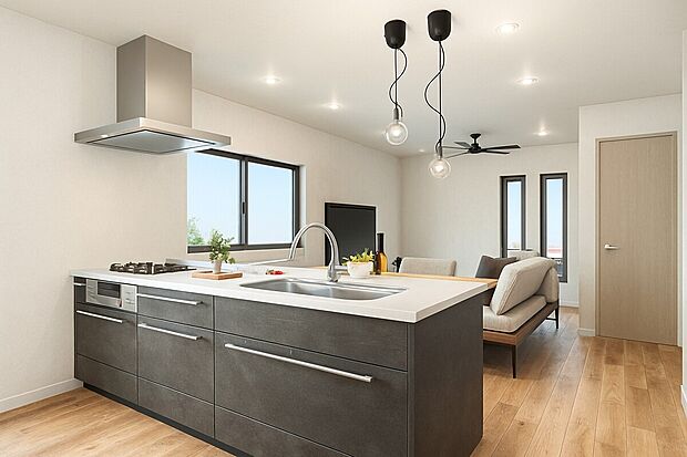 【【パース図:リビング】】ここにはみんなが集い、食事と楽しい会話が始まる。話に夢中になりすぎて、ついつい時を忘れてしまう。そんな束の間の幸せを感じさせてくれる場所。