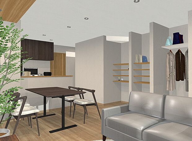 【<2号地リビングイメージパース>】キッチン前にダイニングテーブルを設置することで食事の配膳や片付けもラクラク♪