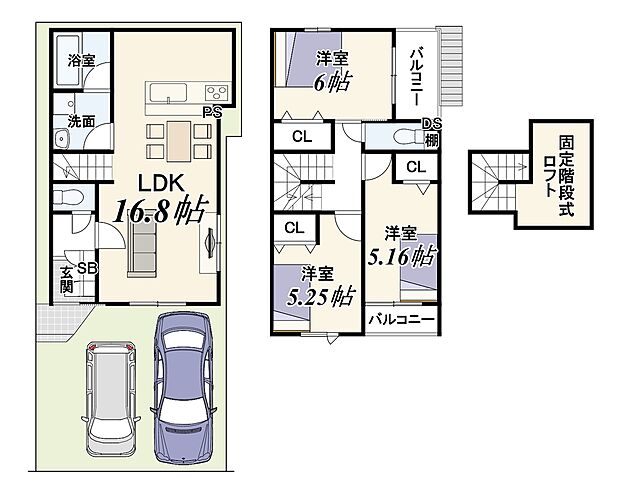 【1号地】1号地新築参考プラン:土地78.27m2/建物78.30m2/3LDK/建物価格1929万円
