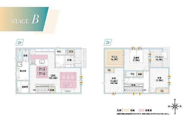 【【B号地/建物参考プラン】】脱衣室と洗面室を分け、脱衣室に空間を取ることで室内干しにも対応!天気も気にせず家族の洗濯物が干せ便利!
(建物面積:104.75m2)