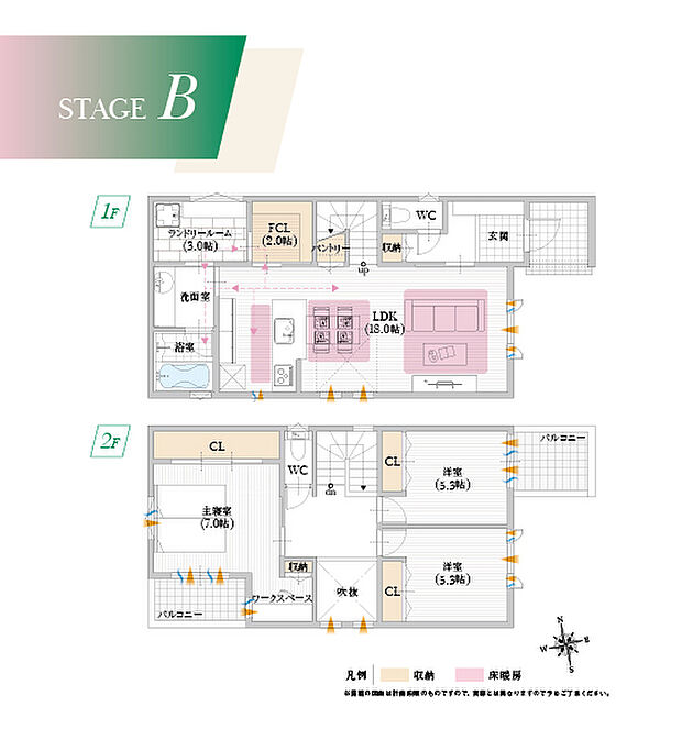 【【Ｂ号地／建物プラン例】】LDKから洗面・ランドリールーム、FCLへ回遊できる家事動線を確保。各所に収納を設け住空間をすっきり保てます。
建物面積：103.10m2
