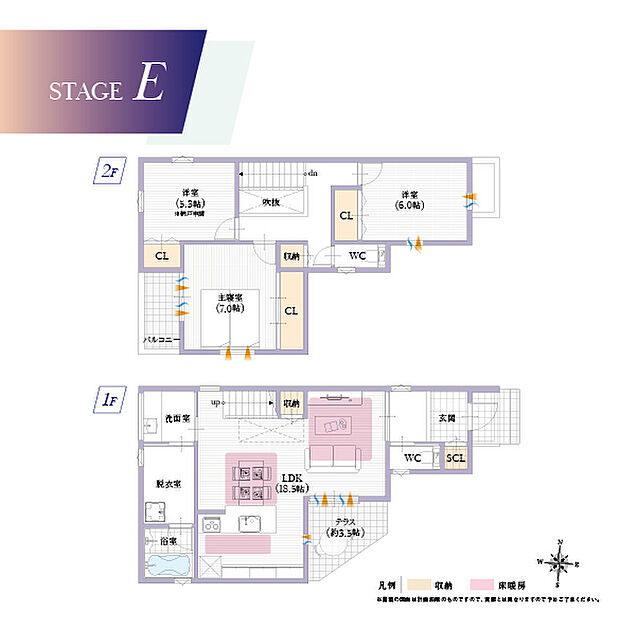 【【Ｅ号地／建物参考プラン例】】南向きにテラスを設け、洗濯物の外干しもお子様の外遊びも充実！
建物面積：99.37m2