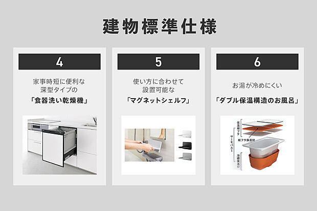 【建物標準仕様】・食器洗い乾燥機
・浴室の使い勝手を高める収納棚
・保温性能の高いお風呂