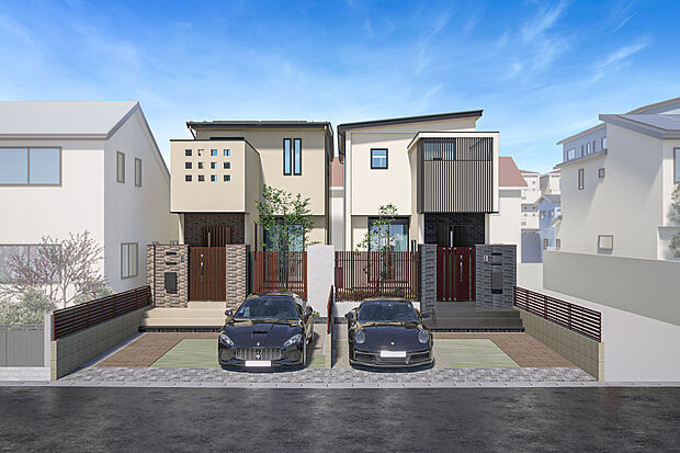 左からT-1、T-2／焼き物の風合いある質感や深みのある色調と自然な凹凸感のコントラストが美しい外観。選び抜かれた上質な水回り設備を搭載したワンランク上の住まい。