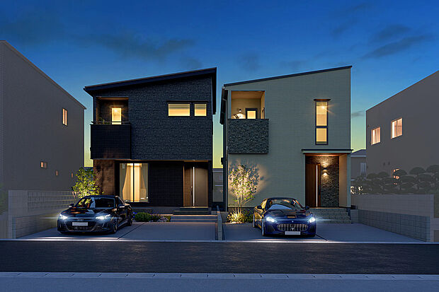 T-2、T-1／夜の街並みに映える、洗練されたスタイリッシュな外観。温かみのあるライティングが美しく、帰宅した家族を優しく出迎えます。ゆとりある並列2台分の駐車場を完備しています。