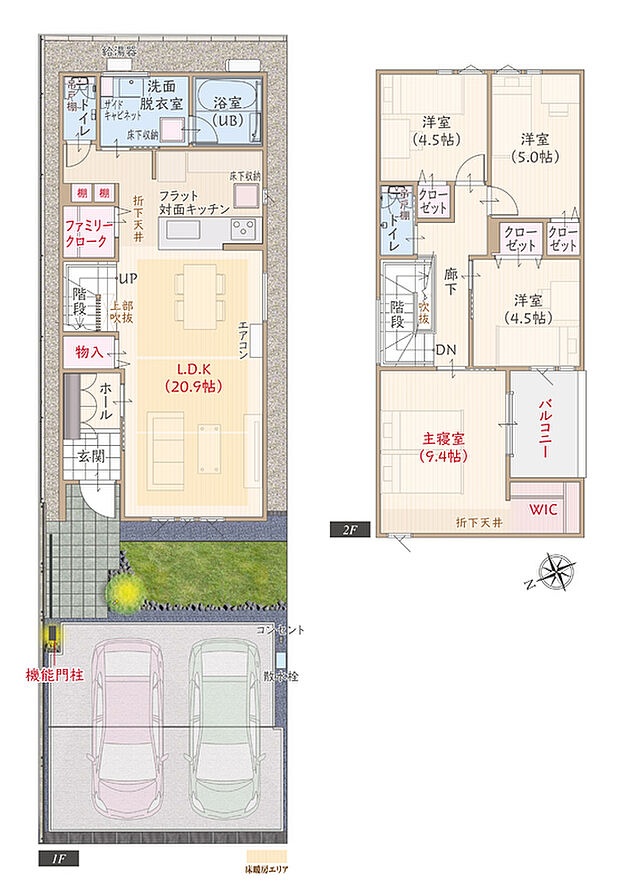 T-1／太陽光発電パネル搭載、耐震等級3、断熱等級5、ZEH仕様、第一種換気&全熱交換換気、対面キッチン付LDK広々20.9帖、WIC付主寝室広々9.4帖、ファミリークローク、プライベートバルコニー