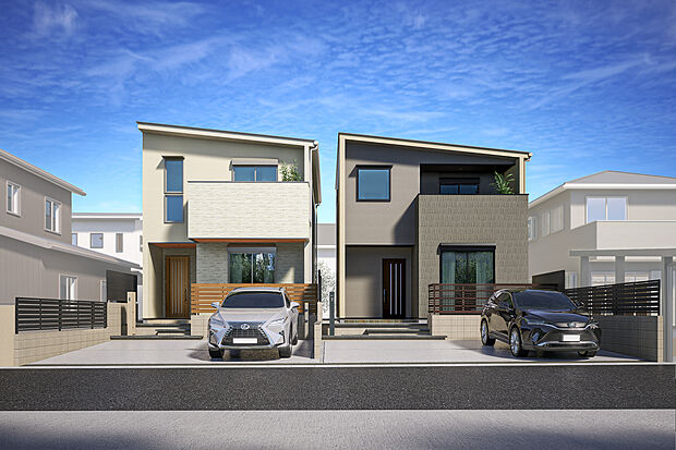 T-1、T-2／トレンドのモルタル壁をベースに、洒落たアクセントを加えたシンプルながら温もりのある外観。優れた断熱性と耐震性を併せ持つ、安心と住み良さを兼ね備えた長寿命な住まいです。