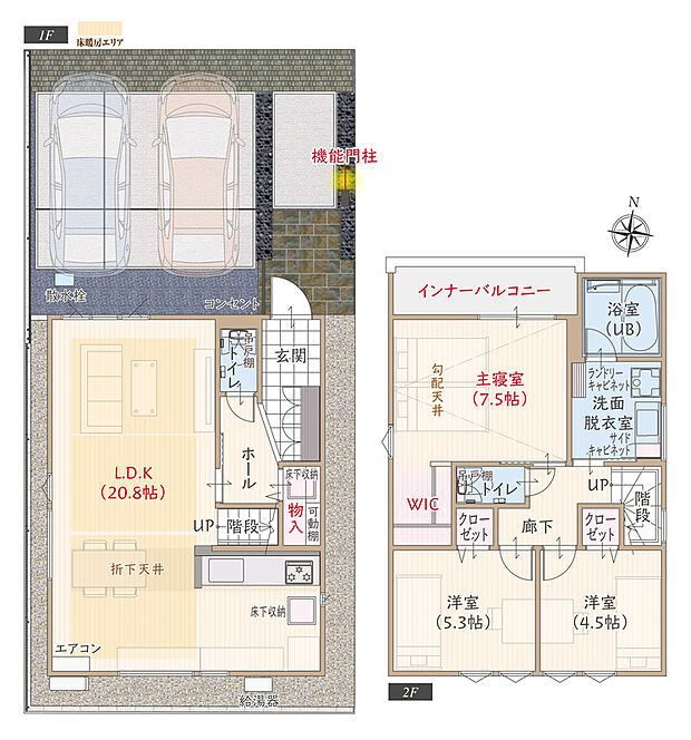 太陽光発電パネル搭載、耐震等級3、断熱等級5、ZEH仕様の家、第一種換気&全熱交換換気、LDK広々20.8帖、大型WIC付主寝室広々7.5帖、優れた洗濯動線、収納充実、インナーバルコニー、駐車2台