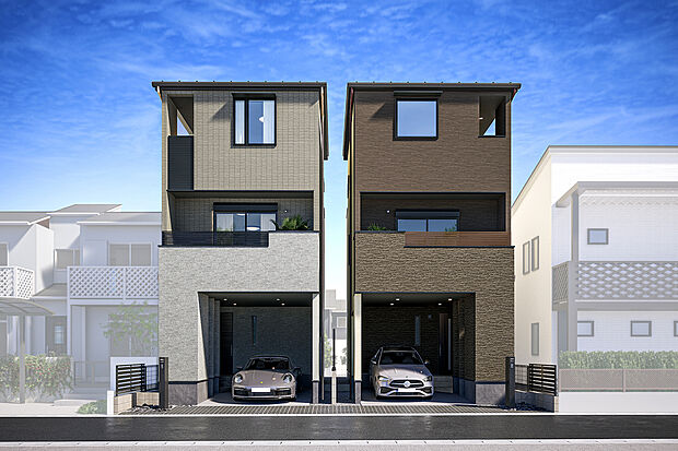 T-1、T-2/自然光がたっぷりと降り注ぐ南向きの3階建住宅。駅から徒歩3分という好立地に加え、教育施設や商業施設も徒歩10分圏内に揃い、日々の暮らしに便利で快適な住環境が整っています。