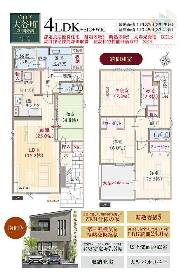 【4LDK】続間和室、南向き、太陽光発電パネル搭載ZEH仕様、断熱等級5、第一種換気&全熱交換換気、L型キッチン付LDK続間23.0帖、大型WIC付主寝室広々7.3帖、広々洗面脱衣室、収納充実、大型バルコニー