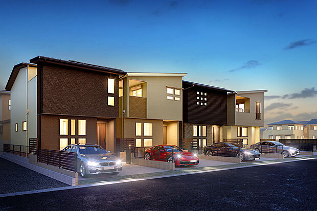 【外観完成予想図】T-1、T-2（申し込み）、T-3、T-4／夜間外観 完成予想図