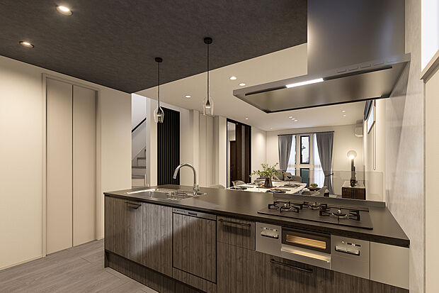 【キッチン完成予想図】T-1／フィオレストーンのカウンタートップを採用したクリナップのキッチン。フラットで作業がしやすく、収納もたっぷり！LDKのアクセントとしてダークカラーでまとめ、高級感を醸し出す表情にまとめています。