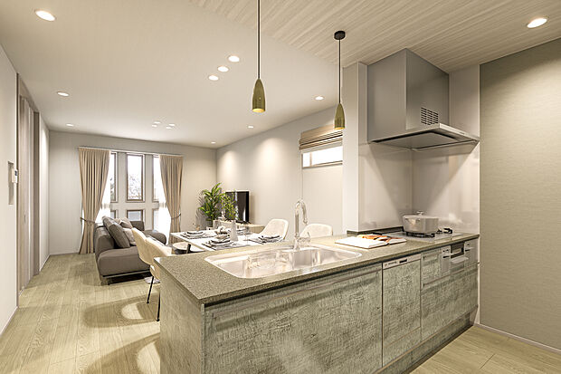 【キッチン完成予想図】T-2／クリナップのキッチンは質感豊かな人造大理石のワークトップに静音シンクや浄水器を標準装備。サイレントレール付きの引き出し収納は取手にまで配慮した使いやすいデザインで毎日の家事に快適さをプラス！