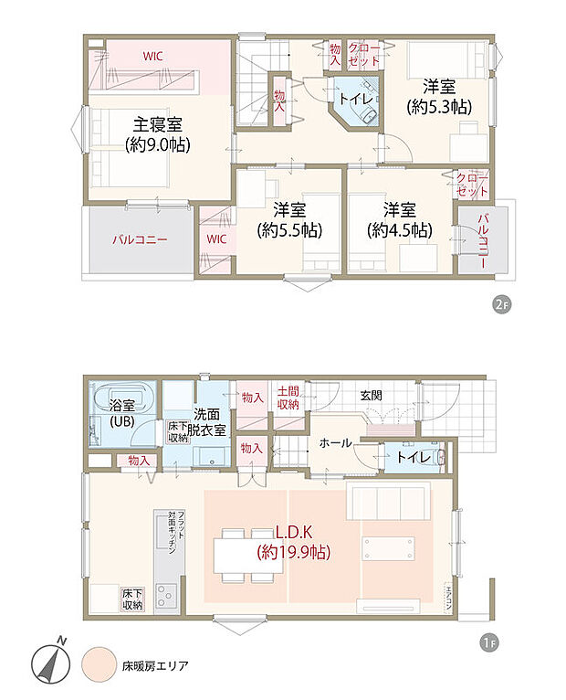 【4LDK】太陽光発電システム搭載、耐震等級3、断熱等級5、ZEH仕様の家、第一種換気&全熱交換換気、LDK広々19.9帖、主寝室ゆとりの9.0帖、ウォークインクローゼット、駐車スペース2台分