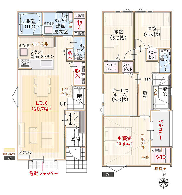 【3LDK+S】太陽光発電パネル搭載、南向き、断熱等級5、ZEH仕様の家、フラット対面キッチン付LDK広々20.7帖、ウォークインクローゼット付主寝室広々8.8帖、収納充実