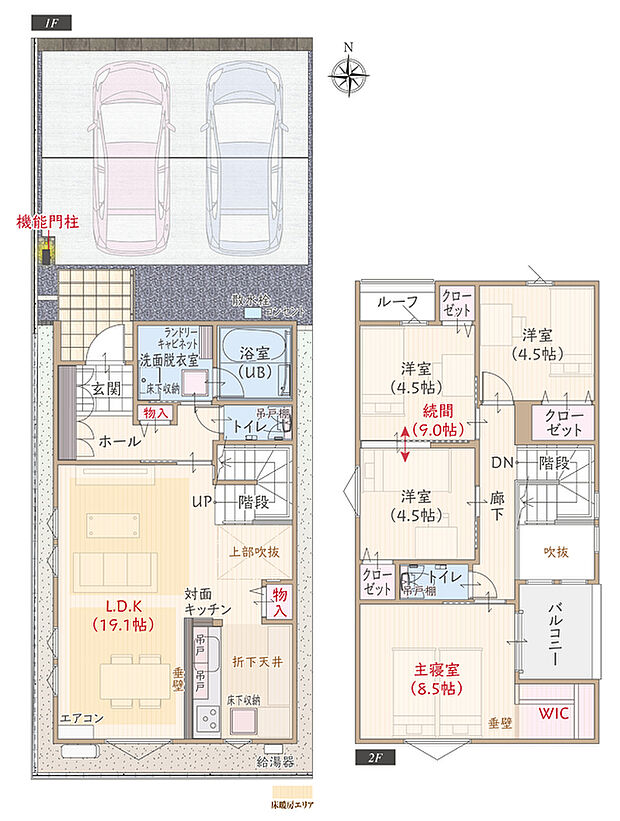 【4LDK】太陽光発電パネル搭載、耐震等級3、断熱等級5、ZEH仕様の家、第一種換気&全熱交換換気、対面キッチン付LDK広々19.1帖、吹抜けのリビング、WIC付主寝室広々8.5帖、洋室続間9.0帖