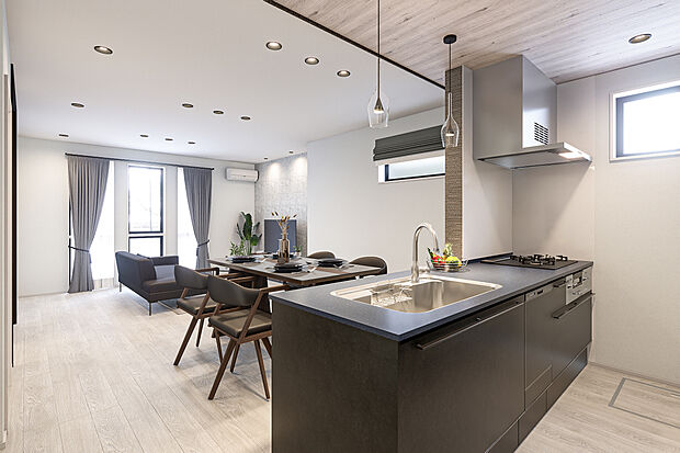 【キッチン完成予想図】T-1/水晶の煌めきを宿す「フィオレストーン」天板を採用した、クリナップのキッチン。空間に圧倒的な高級感をもたらし、デザインも機能も妥協しない、料理好きの方にフィットする充実仕様のキッチンです。