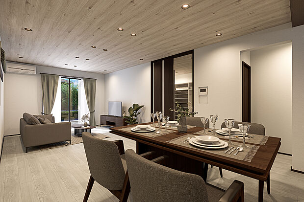 【リビングダイニング完成予想図】T-2／1日の始まりはアクティブに、夜は穏やかにテーブルを囲む団らんなど、どんなシーンにも心地よくフィットする癒しに満ちたLDK。南面の窓には電動シャッター付きで防犯にも配慮しています。