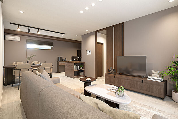 【リビングダイニング完成予想図】T-1完成予想図／グレーのアクセントクロスでシックな装いを演出し、随所に揃えた深いブラウンが空間全体の印象を引き締めます。1日でいちばん長く過ごす場所だからこそ、安らぎと癒しに包まれる優しい空間。