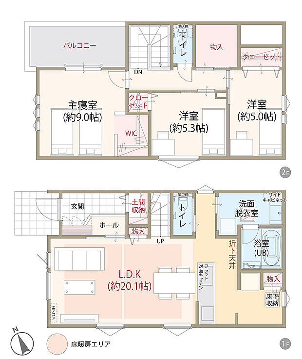 【3LDK+S】太陽光発電システム搭載、LDK広々20.1帖、主寝室ゆとりの9.0帖、第一種換気＆全熱交換換気、全居室に収納完備、ウォークインクローゼット