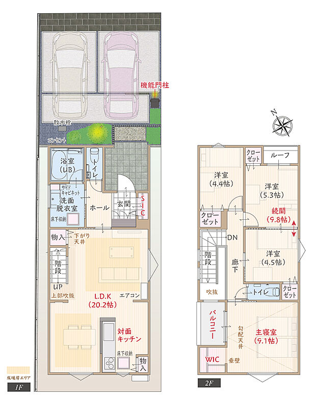 【4LDK】太陽光発電パネル搭載、ZEH、断熱等級5、第一種換気&全熱交換換気、対面キッチン付LDK広々20.2帖、ウォークインクローゼット付主寝室広々9.1帖、洋室続間9.8帖、駐車2台