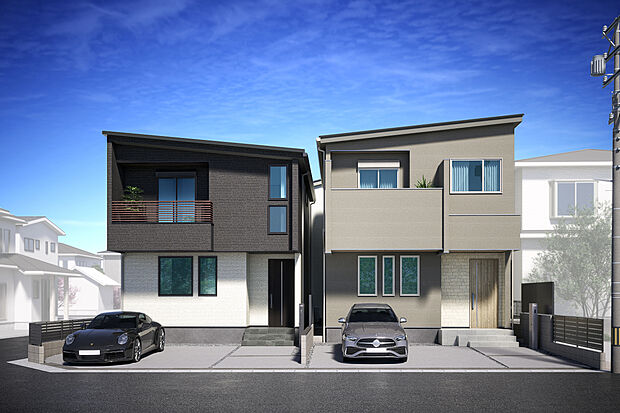 【外観完成予想図】T-2、T-1／意匠性の高い外壁は雨で汚れを洗い流すことでメンテナンスの手間を省き、美しさが長持ち。街並みに馴染むデザインでありながら、唯一無二の個性が光るオシャレなファサードが目を引きます。