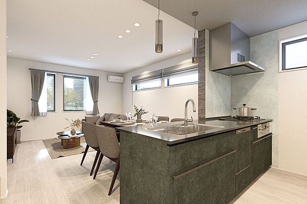 【キッチン完成予想図】T-2／フィオレストーンは水晶が持つ独特の立体感・手触り・質感・光沢が魅力。際立つ存在感と選び抜かれた便利な設備が、暮らしの中心の場として華やかに彩ります。タッチレス水栓・食器洗い乾燥機を標準装備。